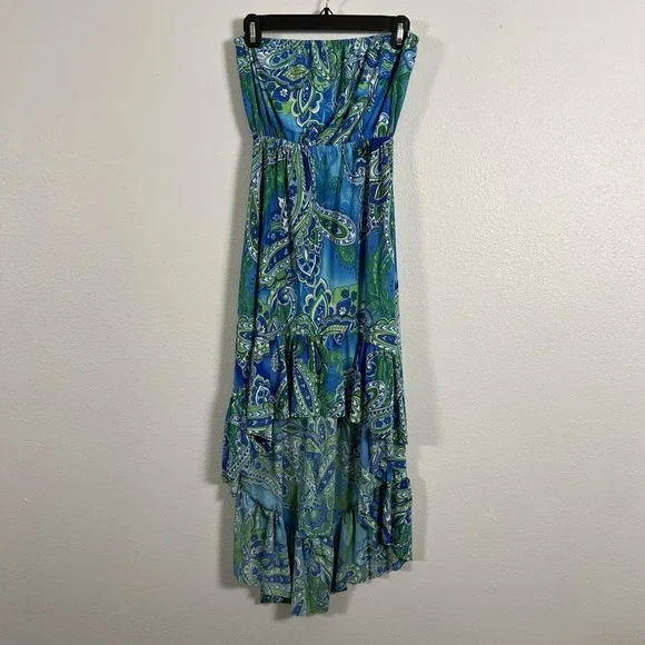 Cristina Love Blue Green Paisley Strapless High-Low Maxi Dress Womens XL - Picture 1 of 10